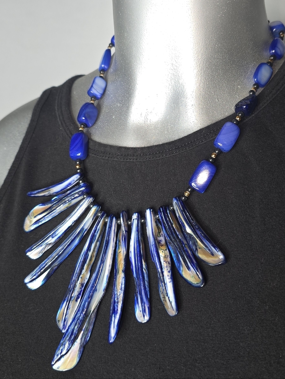 Vintage Blue Mother of Pearl and Biwa branches Pearl Necklace 20'' - Picture 2 of 4